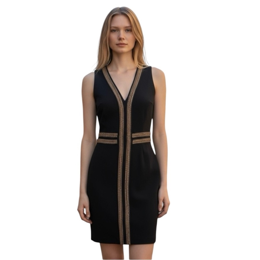 Valentine Black & Gold Trim V-Neck Sleeveless Bodycon Midi Dress